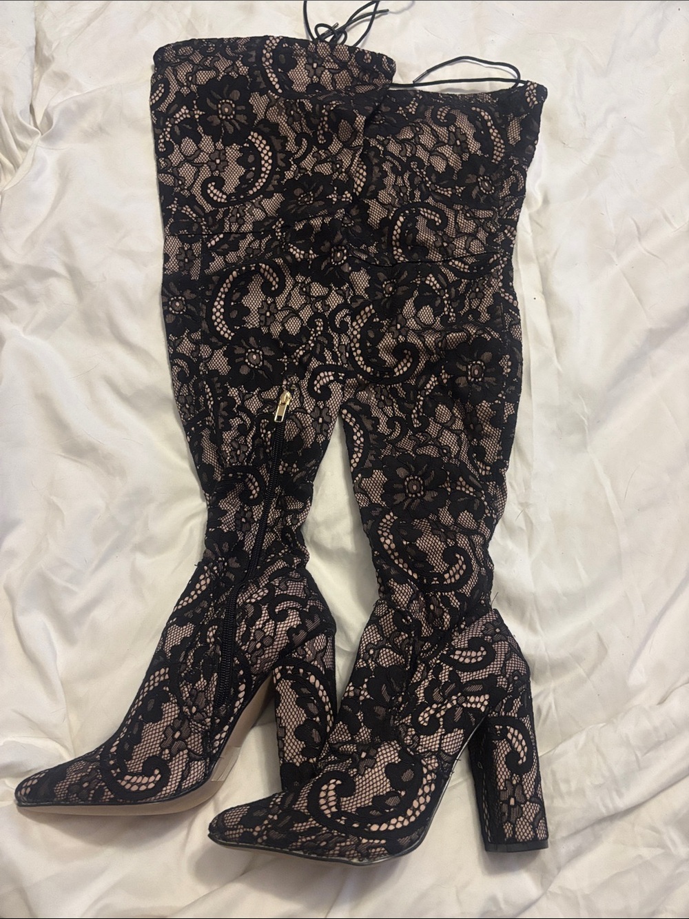 New Lace-Overlay Knee-High Block Heel Boots - Black/Nude